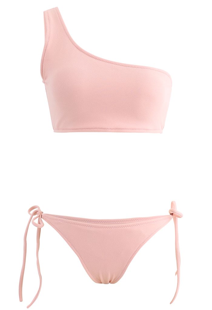 One-Shoulder Tie Side Low Rise Bikini Set in Pink