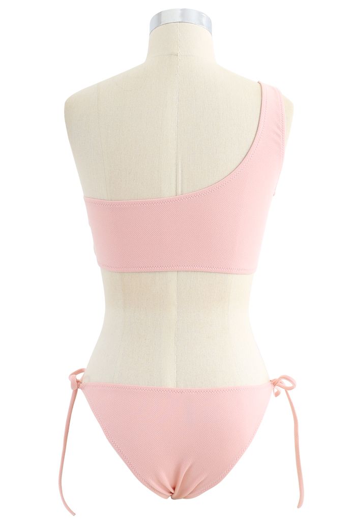 One-Shoulder Tie Side Low Rise Bikini Set in Pink