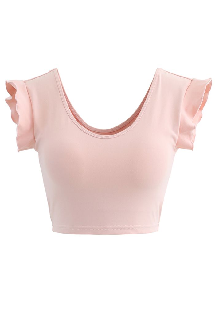 Ruffle Sleeves Scoop Neck Low-Impact Sports Bra in Peach