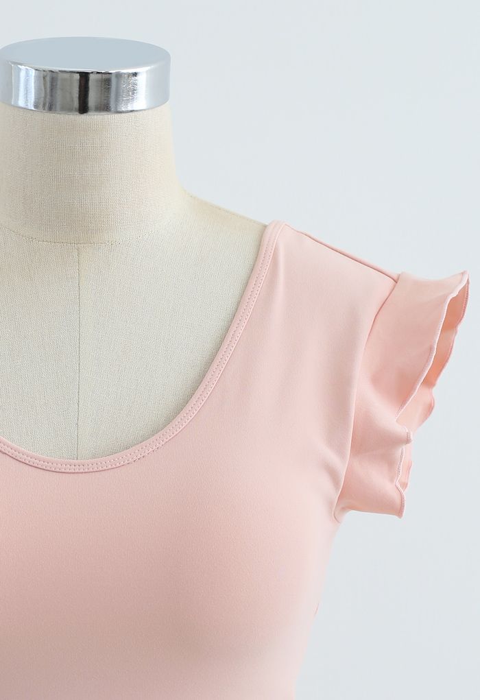 Ruffle Sleeves Scoop Neck Low-Impact Sports Bra in Peach