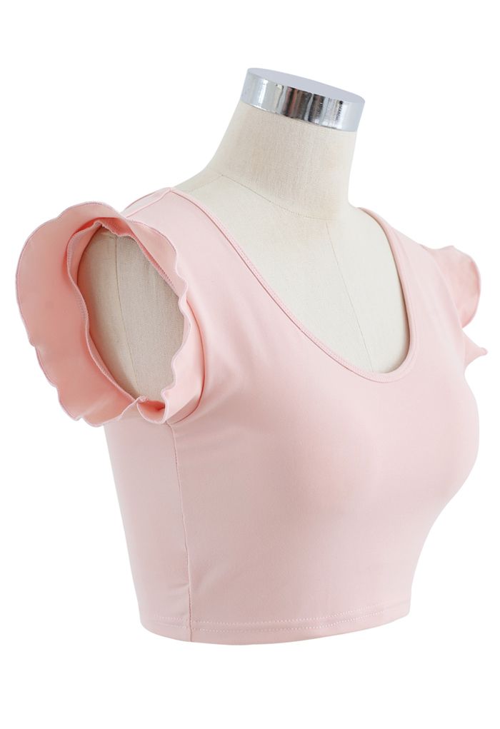 Ruffle Sleeves Scoop Neck Low-Impact Sports Bra in Peach