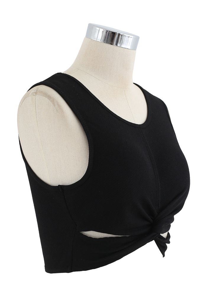 Twist Front Ribbed Sleeveless Low-Impact Sports Bra in Black