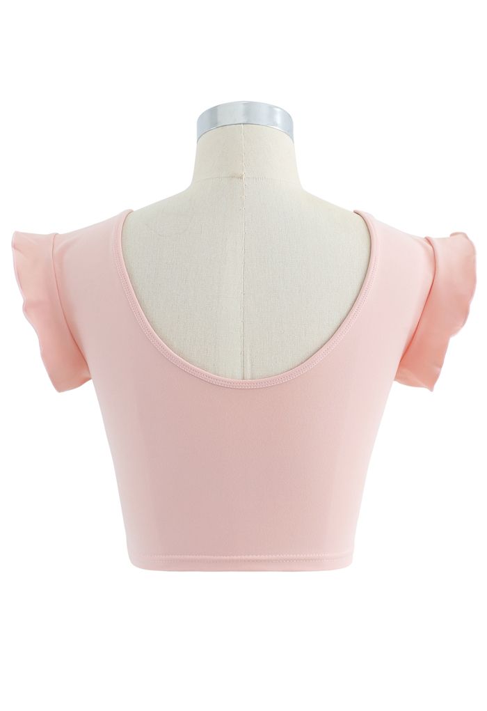 Ruffle Sleeves Scoop Neck Low-Impact Sports Bra in Peach