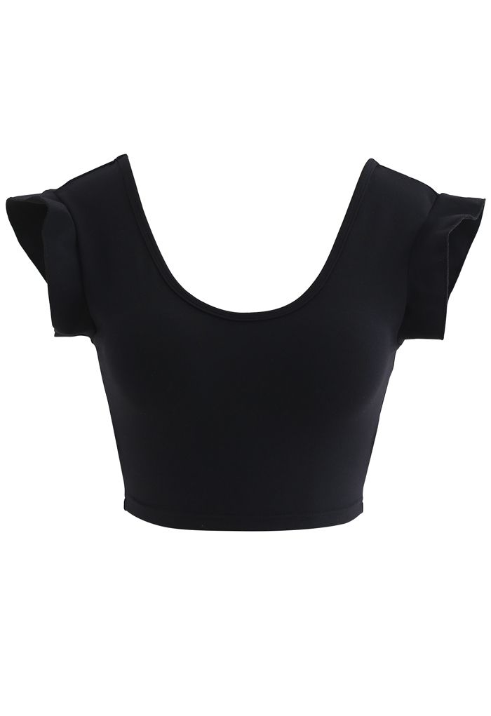 Ruffle Sleeves Scoop Neck Low-Impact Sports Bra in Black