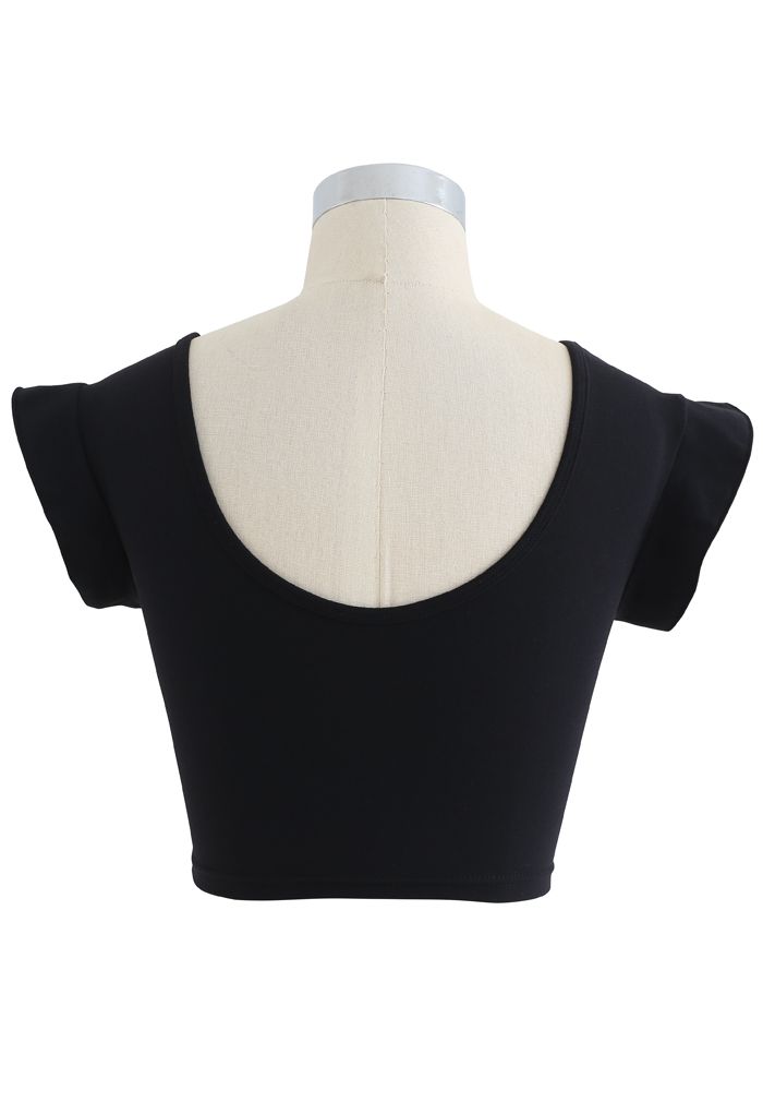 Ruffle Sleeves Scoop Neck Low-Impact Sports Bra in Black