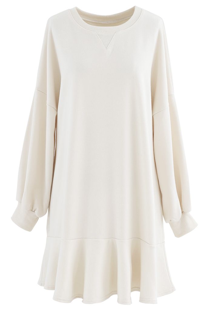 Ruffle Hem Sleeves Shift Mini Dress in Cream