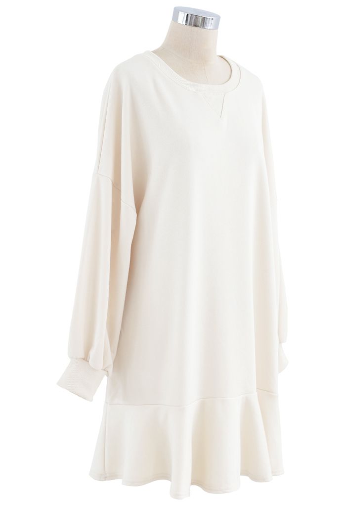 Ruffle Hem Sleeves Shift Mini Dress in Cream