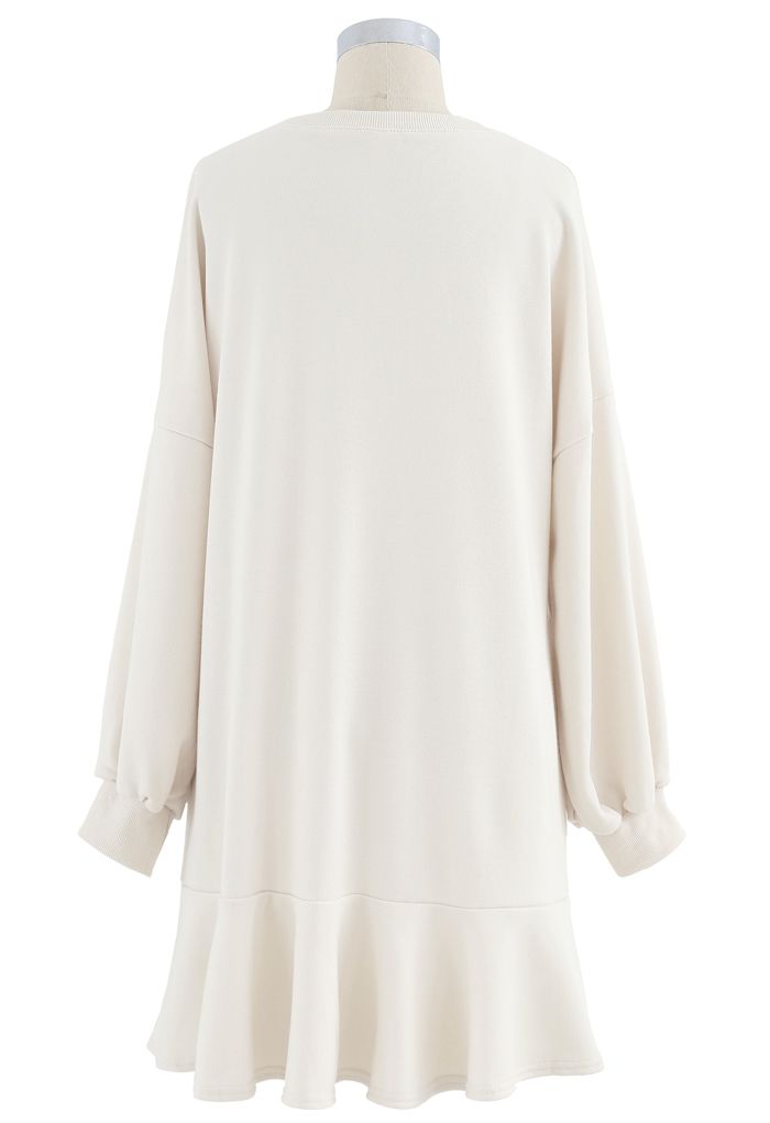 Ruffle Hem Sleeves Shift Mini Dress in Cream