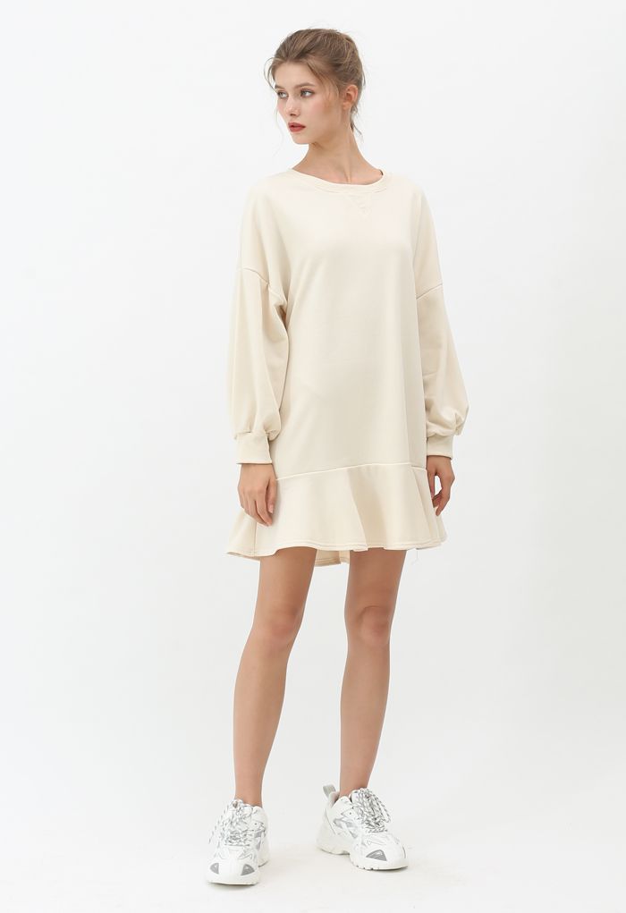 Ruffle Hem Sleeves Shift Mini Dress in Cream