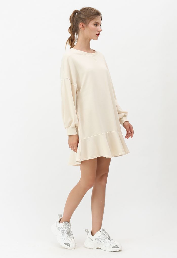 Ruffle Hem Sleeves Shift Mini Dress in Cream