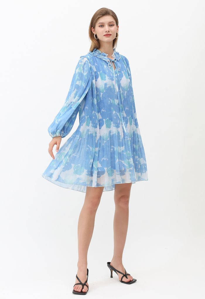 Pleated Ruffle Puff Sleeves Tie-Dye Dolly Dress