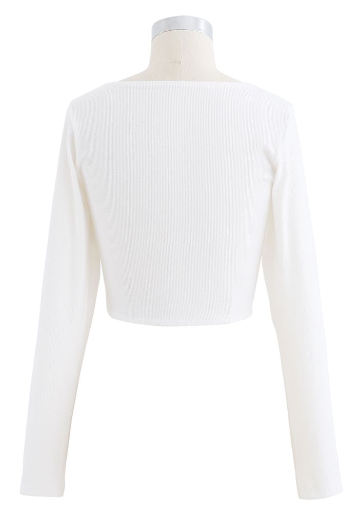 Crisscross Front Long Sleeves Ribbed Top in White