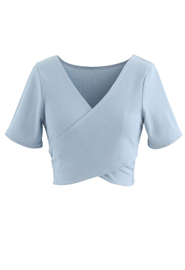 Crisscross Front Short Sleeves Ribbed Top in Dusty Blue