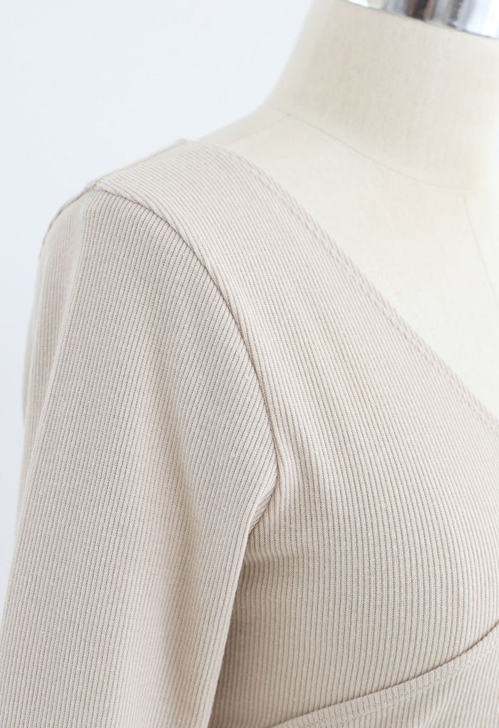 Crisscross Front Long Sleeves Ribbed Top in Sand