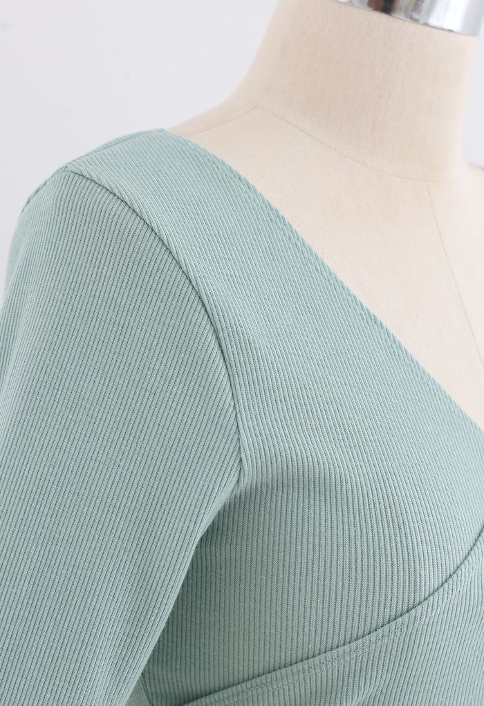 Crisscross Front Long Sleeves Ribbed Top in Mint