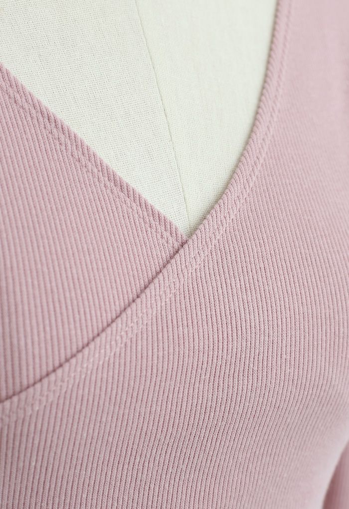 Crisscross Front Long Sleeves Ribbed Top in Pink