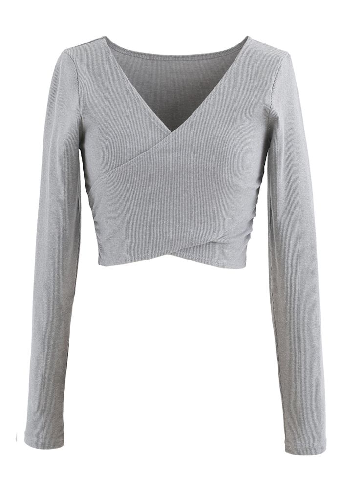 Crisscross Front Long Sleeves Ribbed Top in Grey