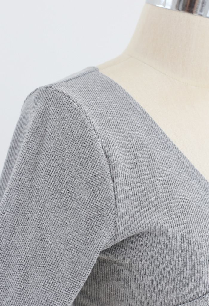 Crisscross Front Long Sleeves Ribbed Top in Grey