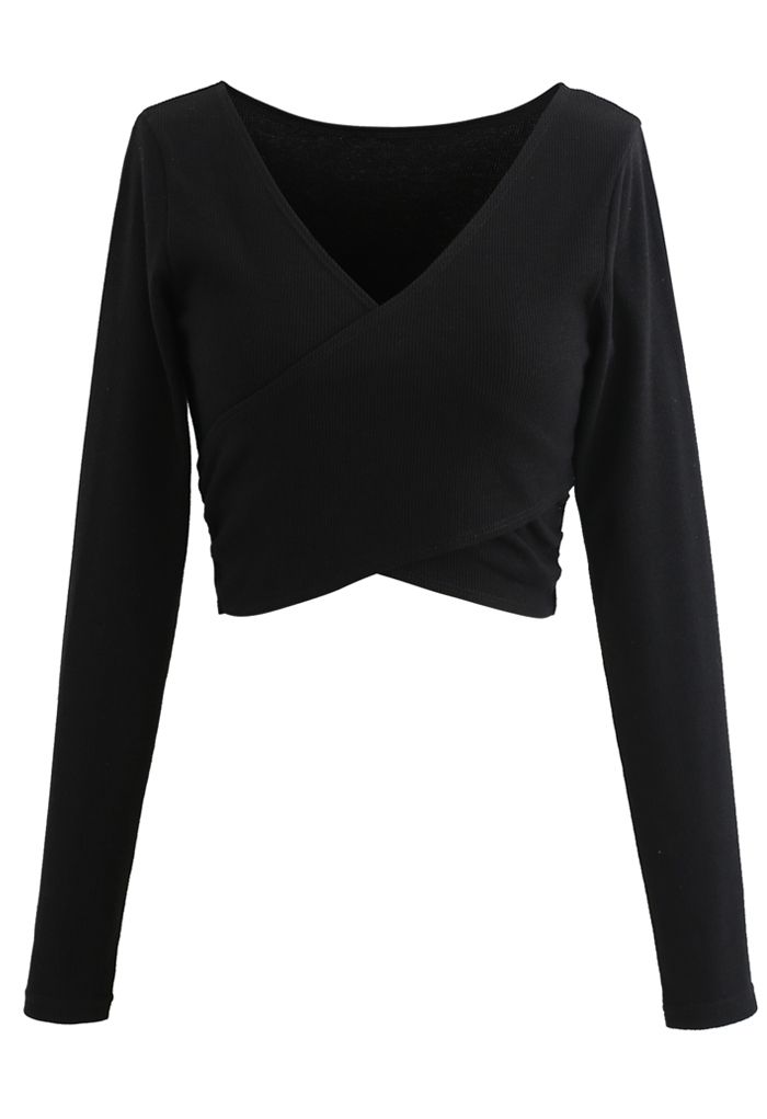 Crisscross Front Long Sleeves Ribbed Top in Black