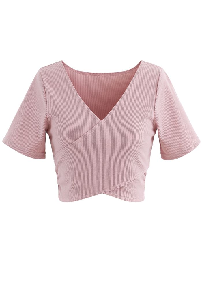 Crisscross Front Short Sleeves Ribbed Top in Pink