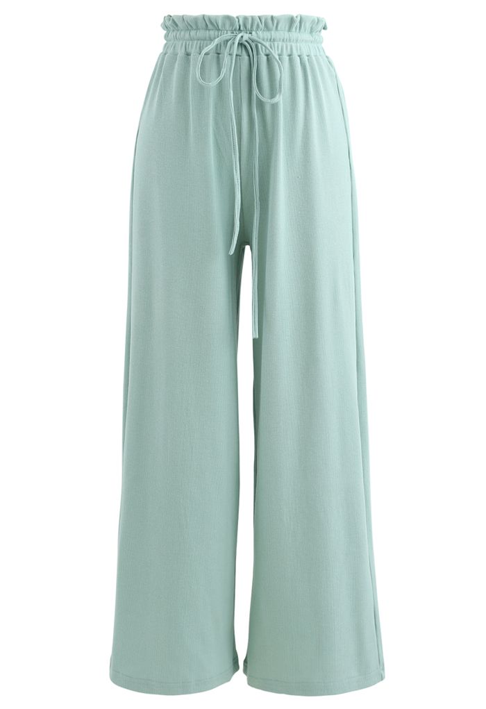 Drawstring Paper-Bag Waist Ribbed Yoga Pants in Mint