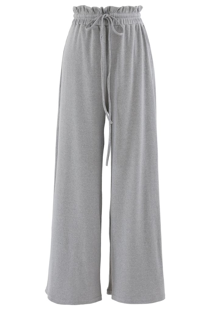 Drawstring Paper-Bag Waist Ribbed Yoga Pants in Grey