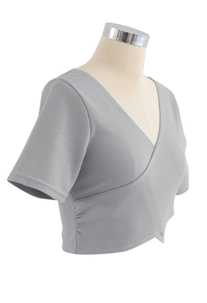 Crisscross Front Short Sleeves Ribbed Top in Grey