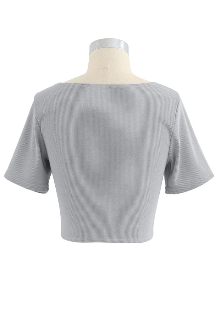 Crisscross Front Short Sleeves Ribbed Top in Grey