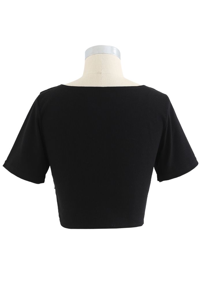 Crisscross Front Short Sleeves Ribbed Top in Black