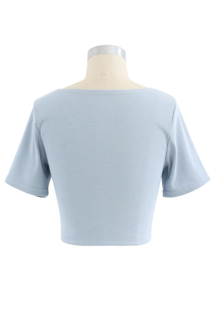 Crisscross Front Short Sleeves Ribbed Top in Dusty Blue