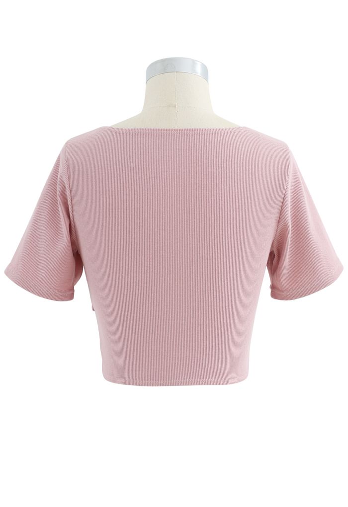 Crisscross Front Short Sleeves Ribbed Top in Pink