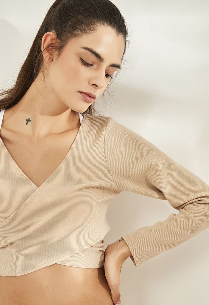 Crisscross Front Long Sleeves Ribbed Top in Sand