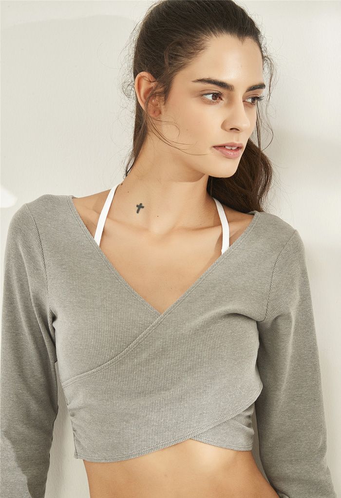 Crisscross Front Long Sleeves Ribbed Top in Grey