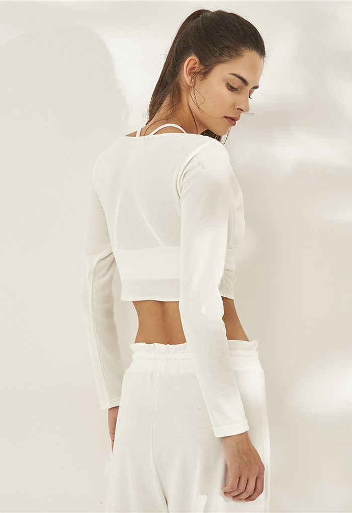 Crisscross Front Long Sleeves Ribbed Top in White