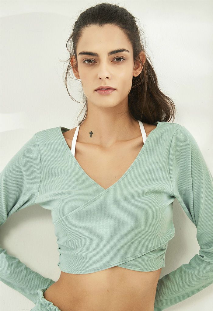 Crisscross Front Long Sleeves Ribbed Top in Mint