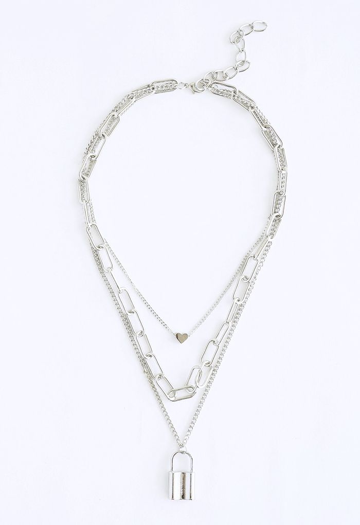 Lock Chain Pendant Layered Necklace in Silver