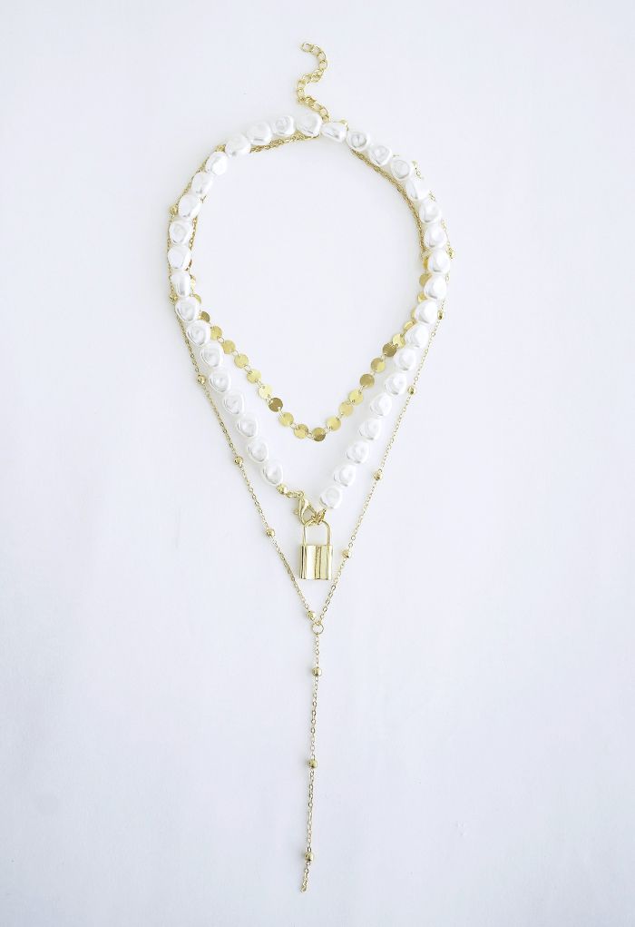 Multi-Layered Coin Pearl Gold Lock Necklace