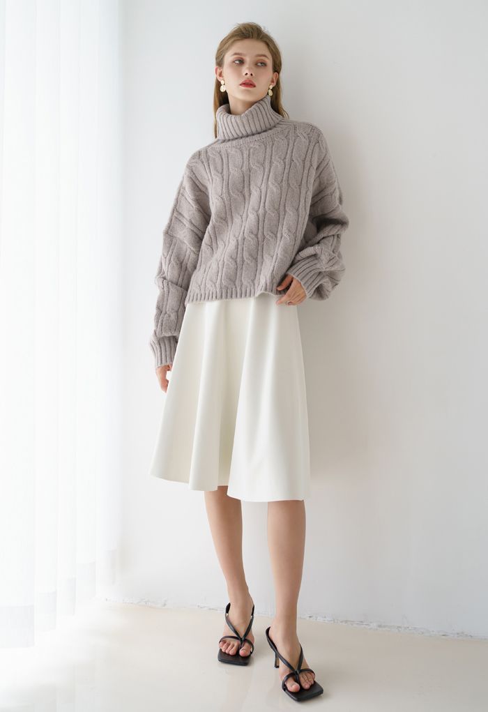 Turtleneck Braid Knit Crop Sweater in Taupe