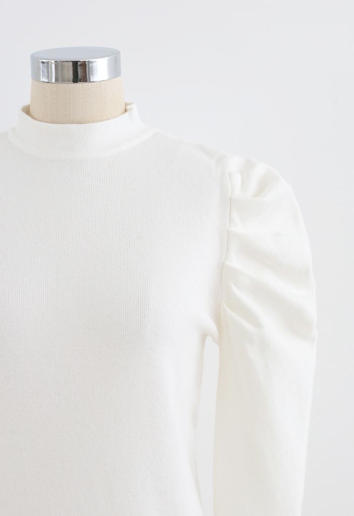 Mock Neck Bubble Sleeves Knit Top in White