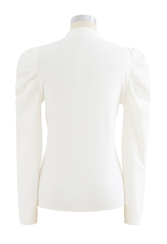 Mock Neck Bubble Sleeves Knit Top in White