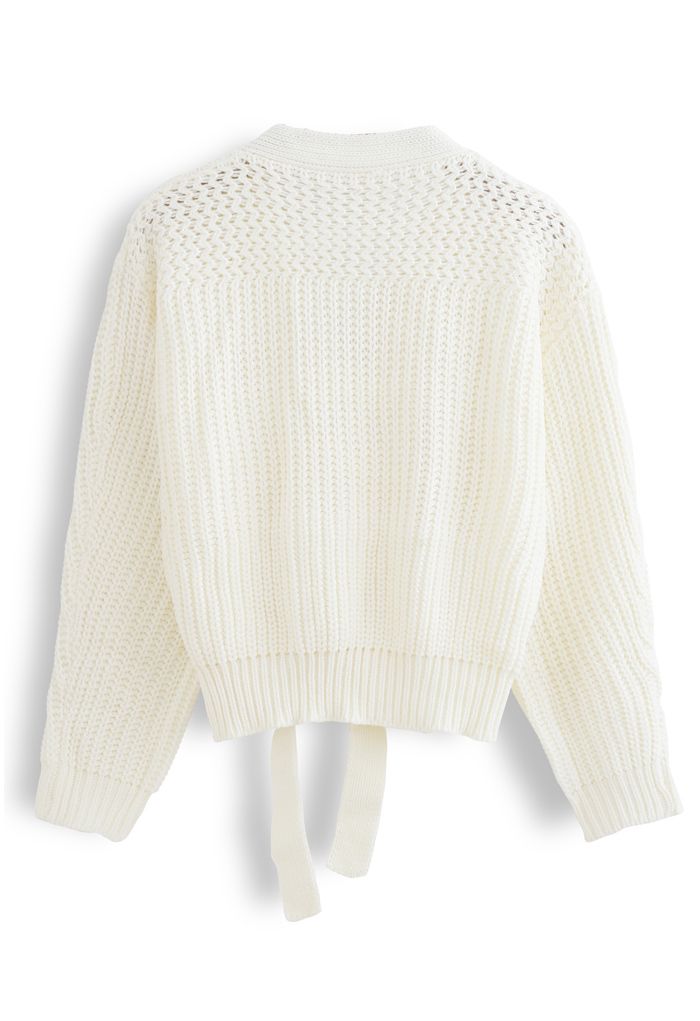 Wrap Bowknot Chunky Knit Sweater in White