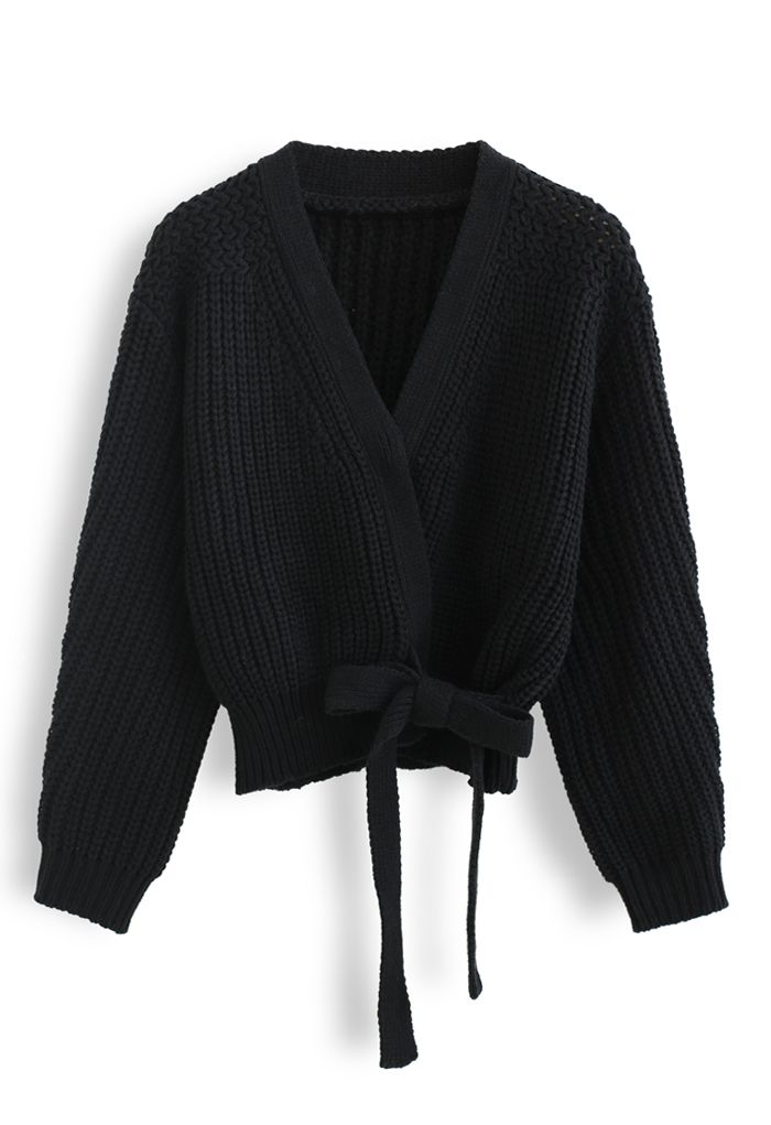 Wrap Bowknot Chunky Knit Sweater in Black