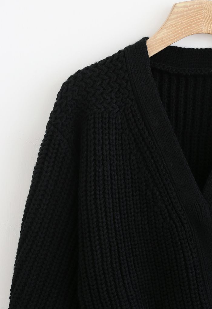 Wrap Bowknot Chunky Knit Sweater in Black