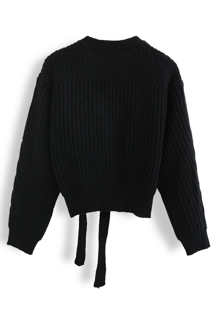 Wrap Bowknot Chunky Knit Sweater in Black