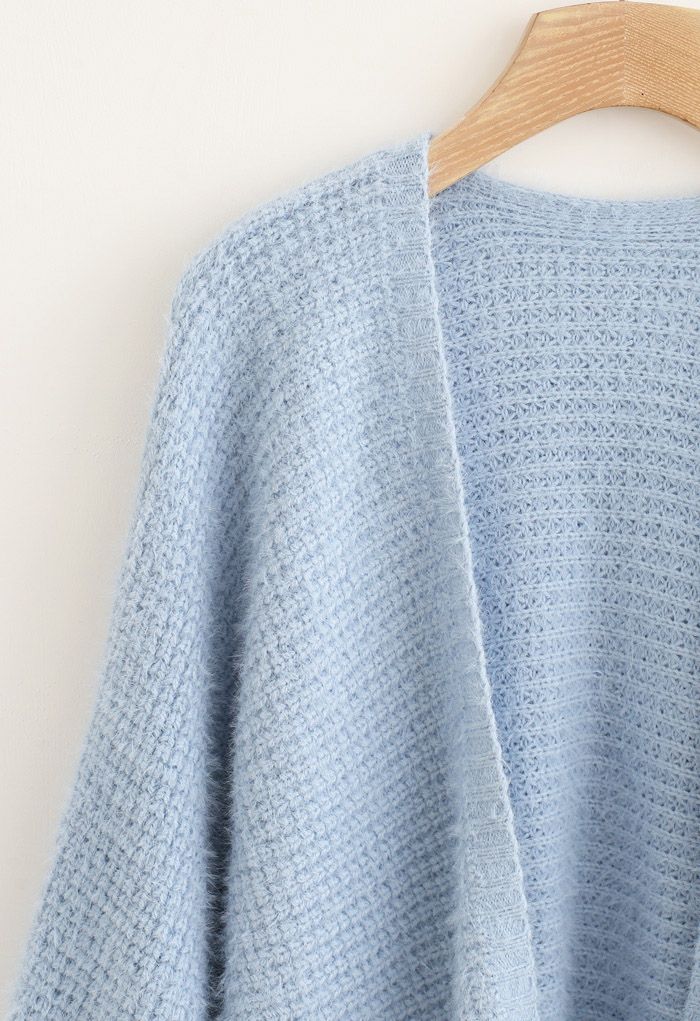 Fuzzy Open Front Waffle Knit Cardigan in Blue