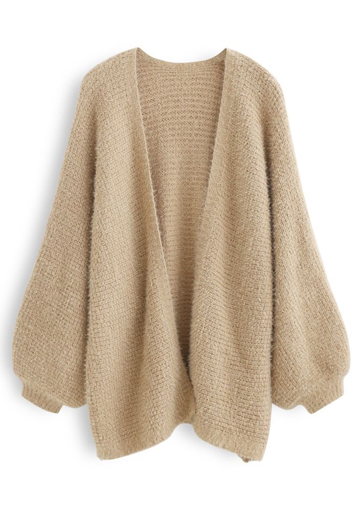 Fuzzy Open Front Waffle Knit Cardigan in Tan