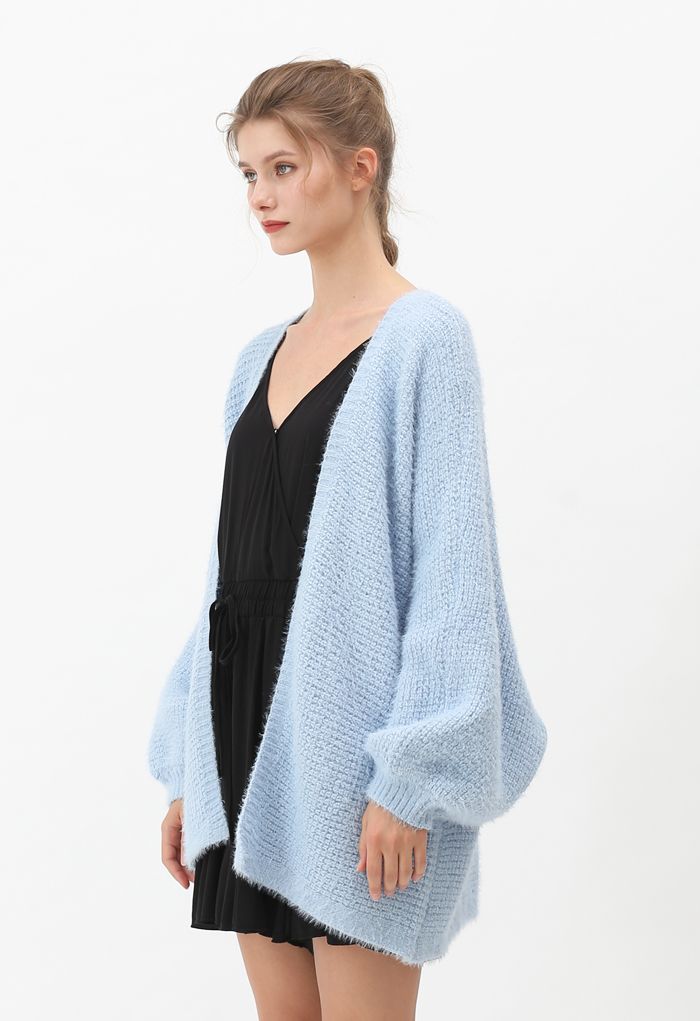 Fuzzy Open Front Waffle Knit Cardigan in Blue