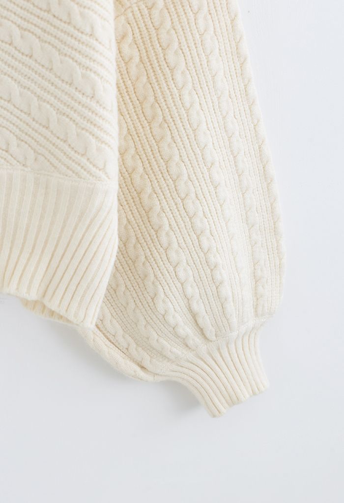 Batwing Sleeves Braid Knit Sweater in Cream