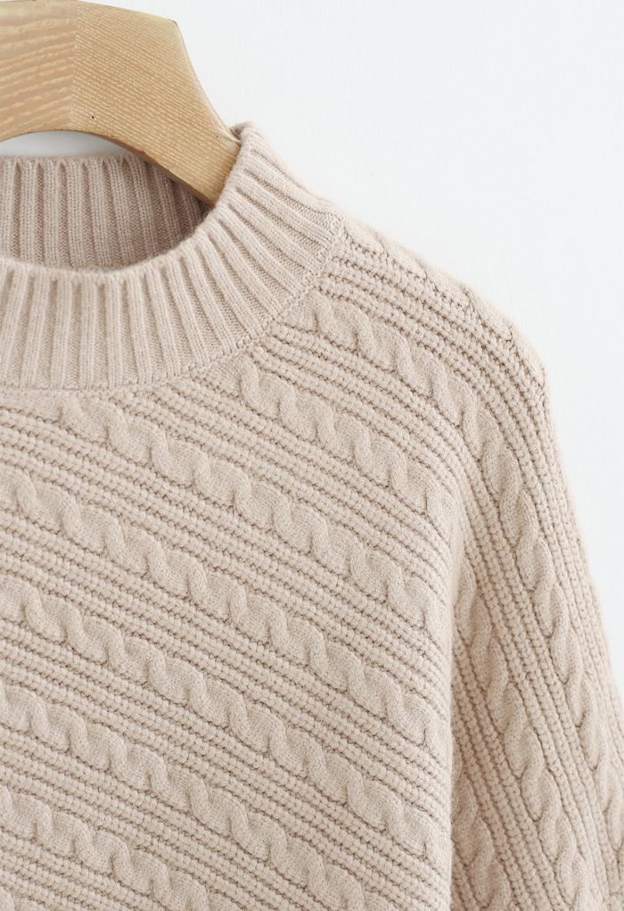 Batwing Sleeves Braid Knit Sweater in Tan