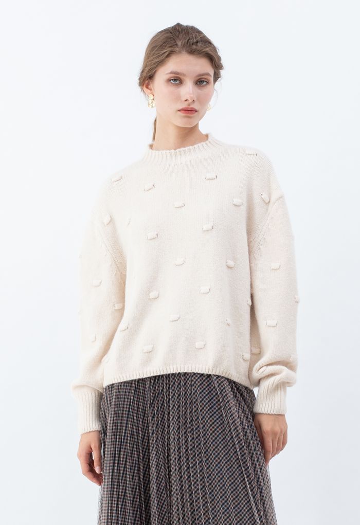 3D Dot High Neck Knit Sweater in Cream